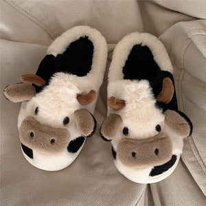 Women Winter Slippers Fluffy Fur Cow Plush Home Slippers Cute Animal Slides 
